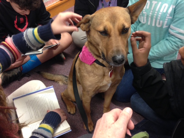 Kids reading to therapy dog