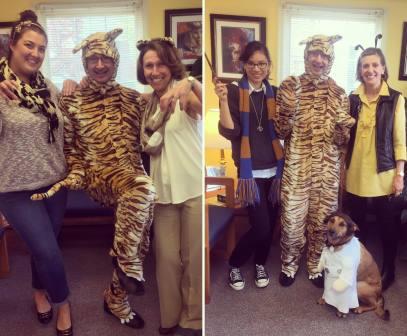 Office staff in Halloween costumes
